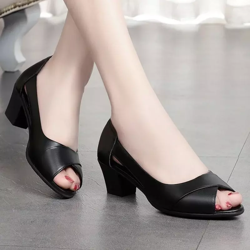 Maogu Woman Sandals Black Zapatos Mujer 2024 New Summer Women Dress Shoes Peep Toe Office Work Black Shoe Medium Heels Pumps