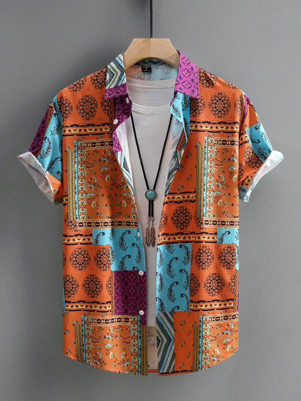 Camisa masculina de manga curta com roupas casuais dispersas, design simples, top estampado em todo o lado, moda solta, verão, 2024
