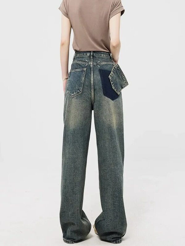 Джинсы женские Мешковатые с завышенной талией, винтажные брюки из денима с широкими штанинами, прямые, в Корейском стиле, уличная одежда, голубые, Y2k, осень 2023