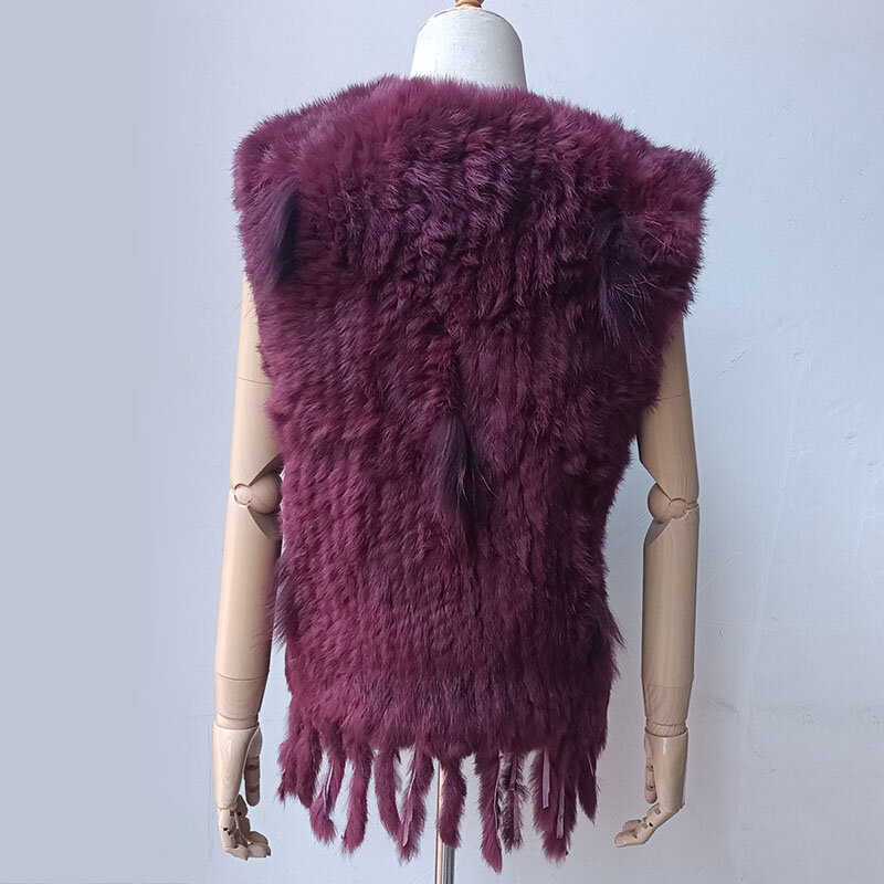 2024 New Women Burgundy Knitted Real Fur vest with tassel V-neck fluffy Genuine Fur Gilet Hot Sale Natural Rabbit Waistcoat