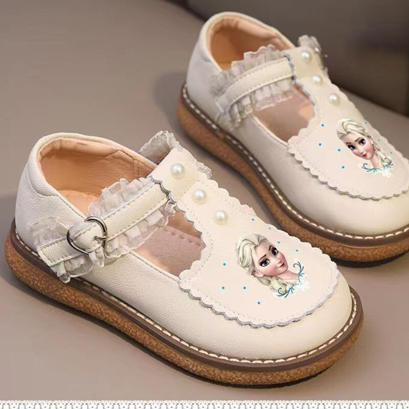 Disney-zapatos informales de cuero para niñas, zapatillas antideslizantes de suela suave de princesa Frozen para primavera