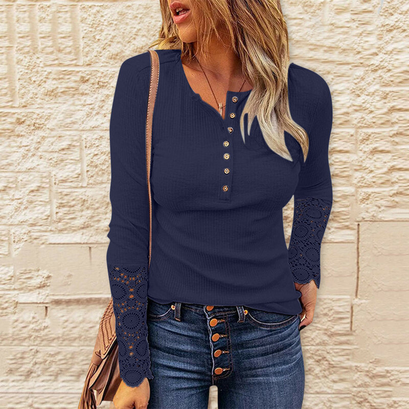 Summer Lace Long Sleeve  Front Button V Neck Blouse Tunic Front American Retro Elegant Shirt Korean Style Women Tops 2024