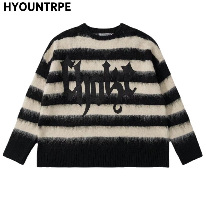 Hip Hop Striped Oversized Sweater Mens Autumn Winter Punk O-neck Long Sleeve Pullover Streetwear Casual Loose Sweaters Clothing