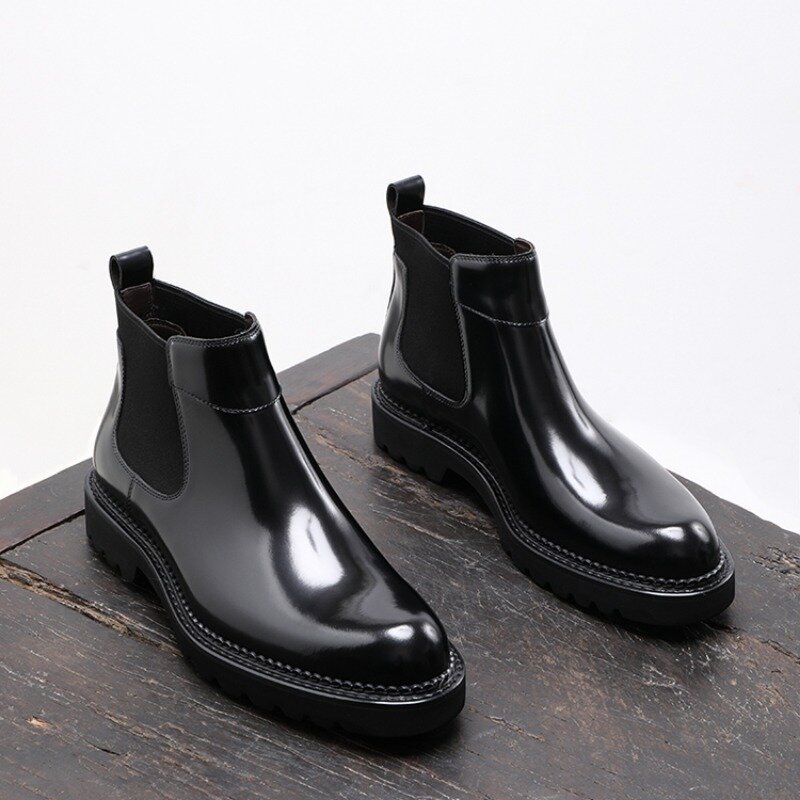 British Style Vintage Men Chelsea Boots Genuine Leather Thick Sole Luxury Street Ankle Work Shoes Fashion Motorcycle Boots 2A