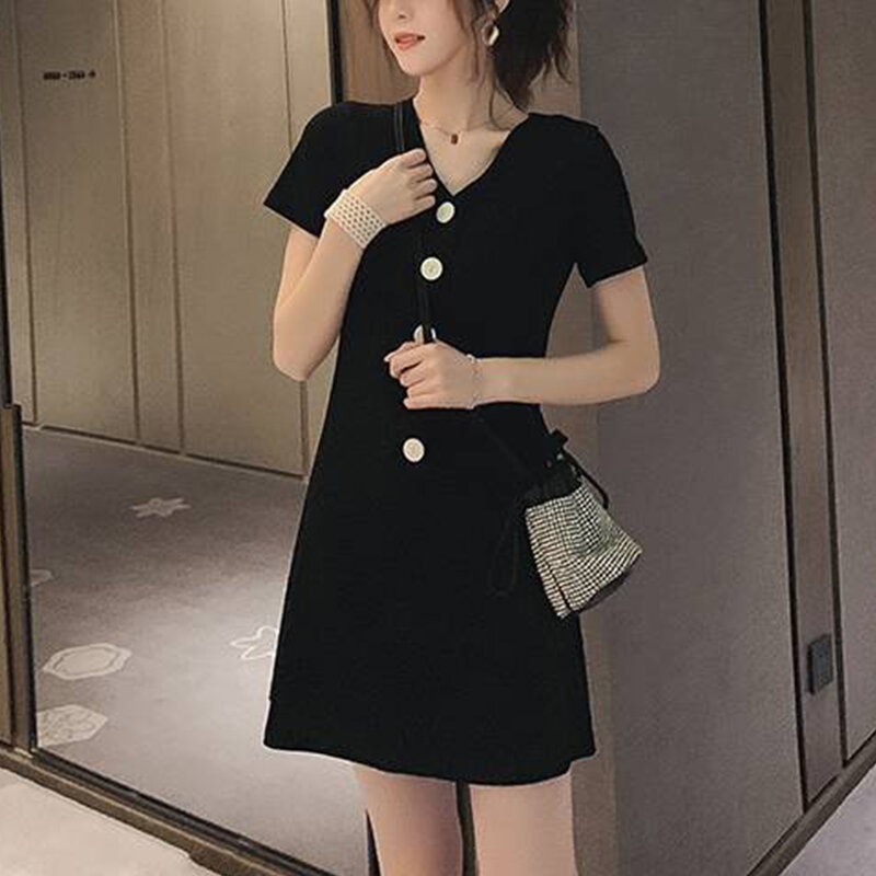 Женское однобортное мини-платье с V-образным вырезом, коротким рукавом