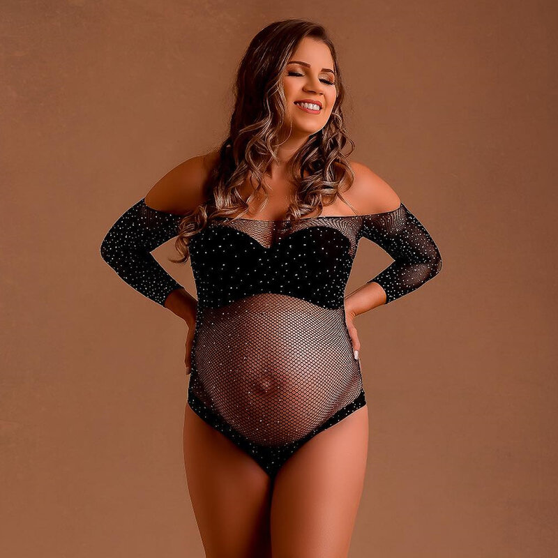 Maternity Photography Props Sexy Goddess Shiny Small Rhinestone High Elastic Bodysuit Pregnant Photographer Shoot Prop Accessori