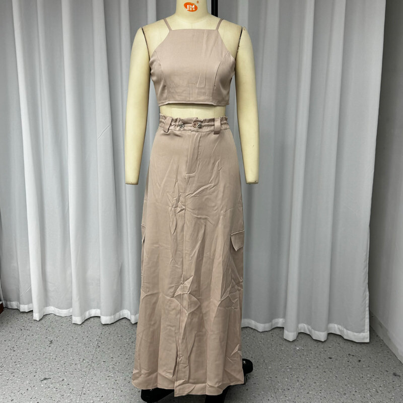 Wefads Женская Летняя мода 2024 Сексуальная женская блузка без рукавов на молнии трапециевидная блузка с карманом с разрезом длинная юбка комплект