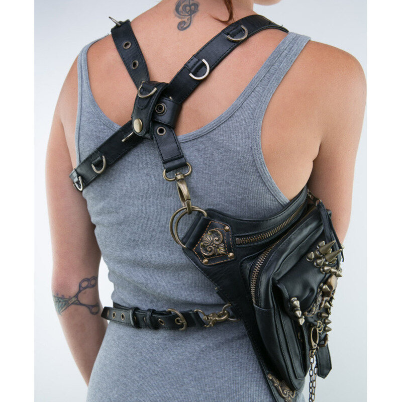 Bolsa de cintura punk para motocicleta para mulheres, cinto de quadril, banana, mensageiro, ombro, telefone celular, pacote de fanny packs, gótico