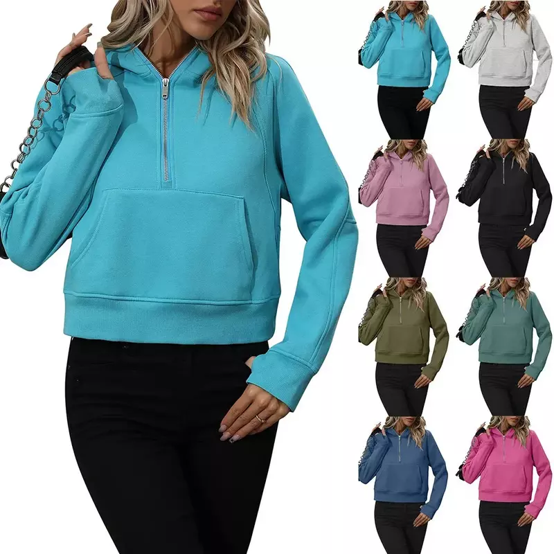 New women's half zipper hooded sweatshirt fleece short fashion sweater