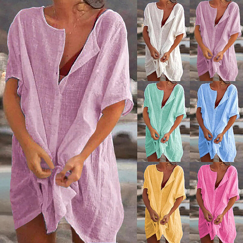 2024 Summer Women's Cotton Long Shirt Loose Solid Short sleeved Top Vacation Beach Sunscreen Clothing
