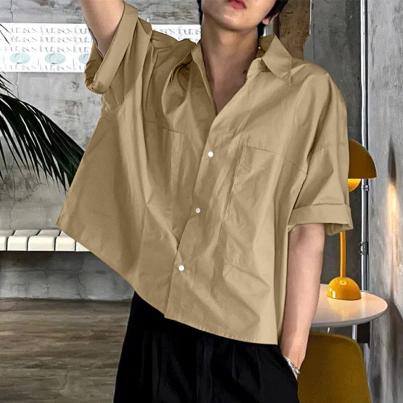 Рубашка мужская однотонная с отложным воротником и рукавом до локтя
