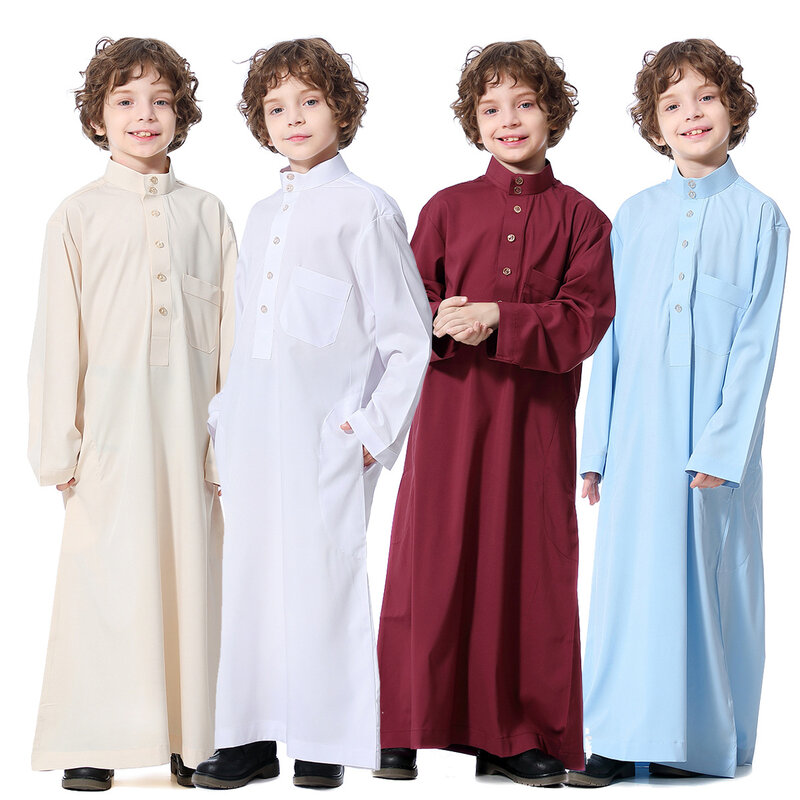 Robe musulmane à manches longues pour garçon, kaftan islamique, arabe, dubaï, qatar, chemise Abaya, couleur unie