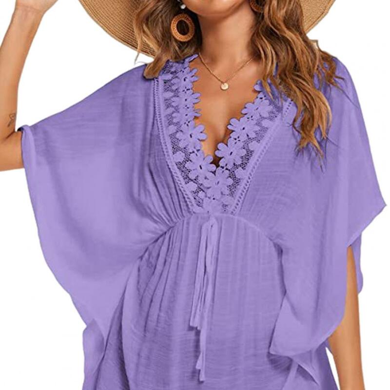 Bikini Cover Up Breathable Chiffon Beach Cover Up Stylish Women's Beach Dress with Lace Trim V-neck Swimsuit Cover Up for Summer