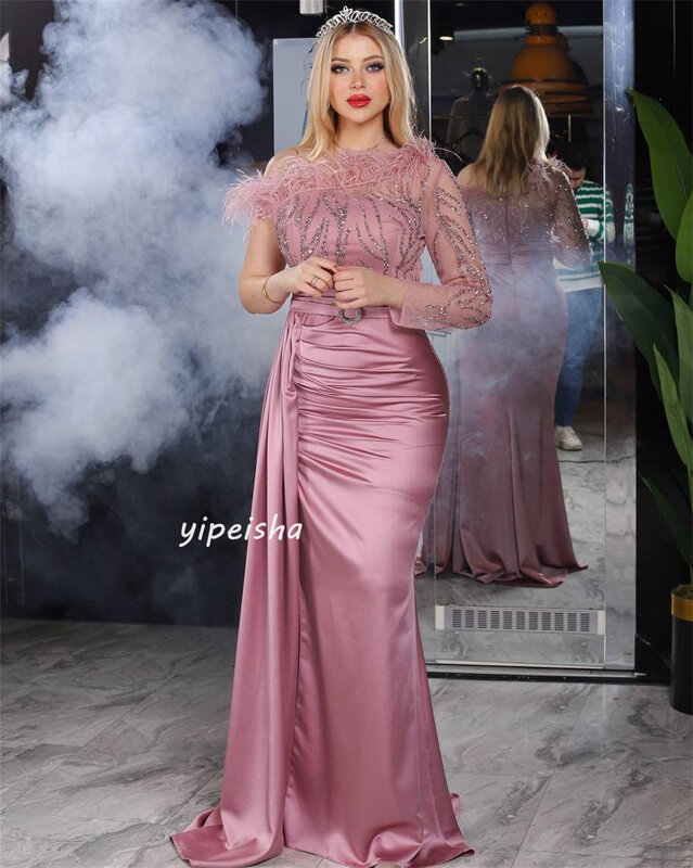 Satin Sequined Beading Feather Ruched Engagement A-line One-shoulder Bespoke Occasion Gown Long Dresses