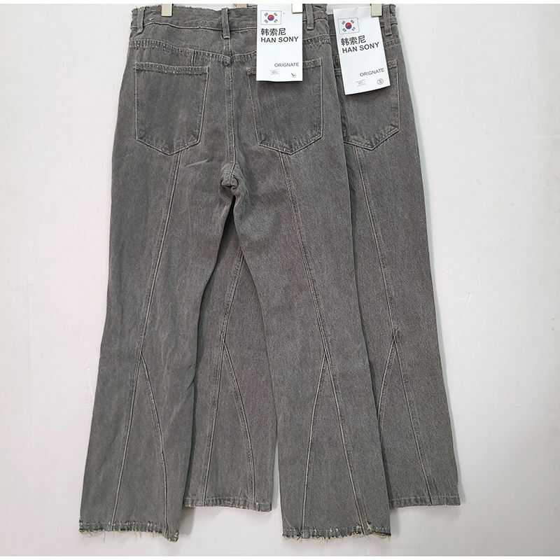 Новые цементно-серые микро-расклешенные джинсы для мужчин, широкие прямые свободные брюки в стиле ретро, потертые американские уличные брюки-карго для женщин