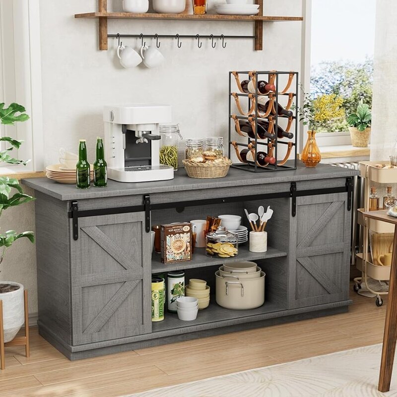 Farmhouse Sideboard Buffet Cabinet, Coffee Bar Storage with Sliding Barn Doors, Shelf for Home Dining Room, 27.5 Height