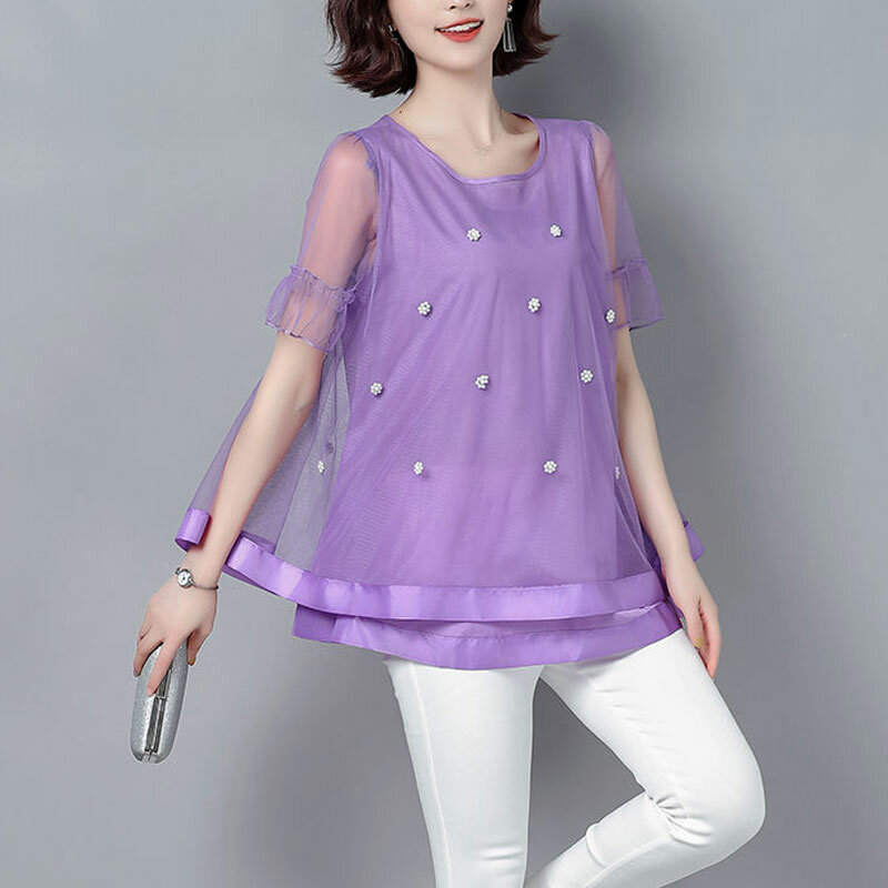 Женская одежда, блузка из газовой Ткани в стиле пэчворк, Повседневная летняя Свободная блузка с круглым вырезом и коротким рукавом, однотонная Базовая рубашка с бисером