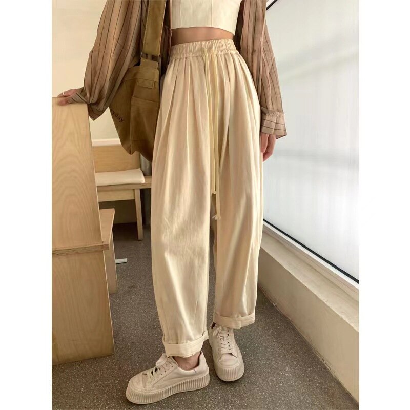 Spring and Autumn Women's Elastic Waist Drawstring Solid Color Pocket Pleated Workwear Pants High Waist Fashion Loose Pants