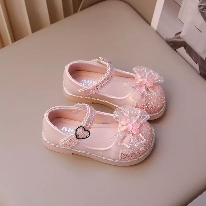 Zapatos de cuero con purpurina para niños y niñas, zapatos de fiesta elegantes con pajarita de conejo, zapatos planos de vestido de lentejuelas informales de princesa, moda