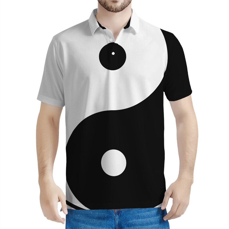 قميص بولو للرجال بنمط يين يانغ ، مطبوع ثلاثي الأبعاد ، أكمام قصيرة ، زر ، تي شيرت بطية صدر ، فضفاض ، أسود ، أبيض ، ثمانية تريجرامات