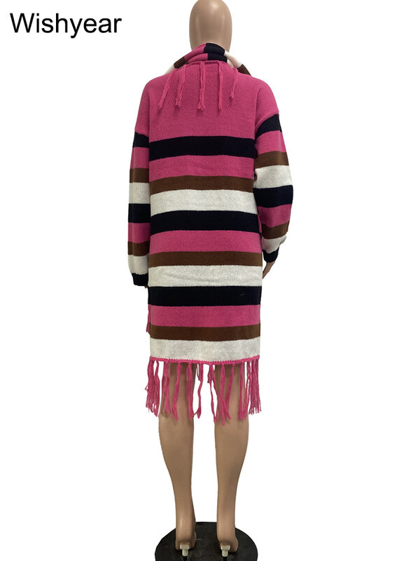 Kolorowy Patchwork dzianinowe swetry długi sweter z frędzlami z szalikiem kurtki damskie z długim rękawem na suwak urodzinowe płaszcze uliczne
