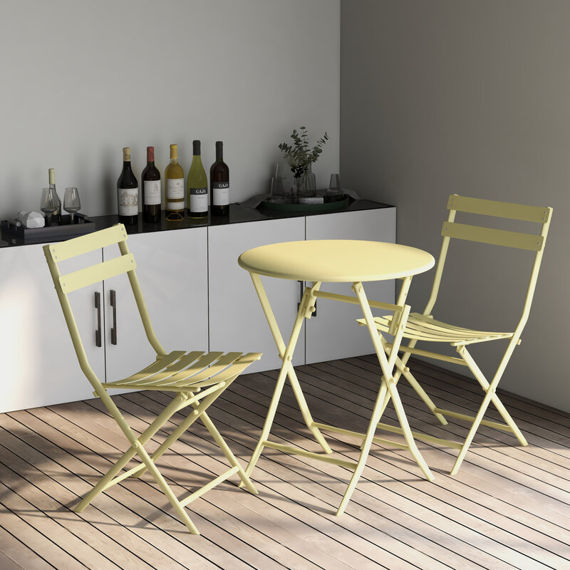Yellow 3 Piece Foldable Round Table and Chairs Patio Bistro Set with Comfortable Seating