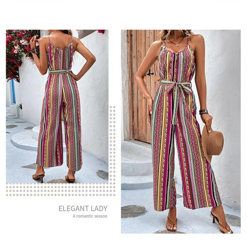 Tight Waist Jumpsuit Colorful Striped Women's Summer Jumpsuit with V Neck Wide Leg Sleeveless Vacation Ninth Jumpsuit with for A
