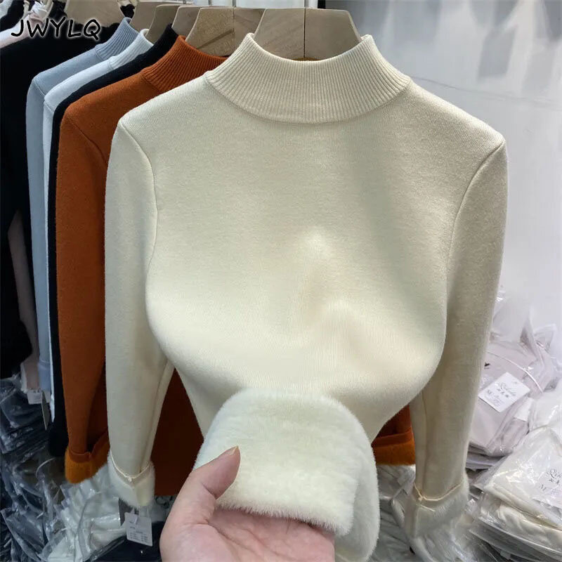 Корейский облегающий плотный вязаный пуловер с высоким воротником, женские зимние Бархатные свитеры 2024, Повседневная теплая трикотажная одежда с флисовой подкладкой, топы