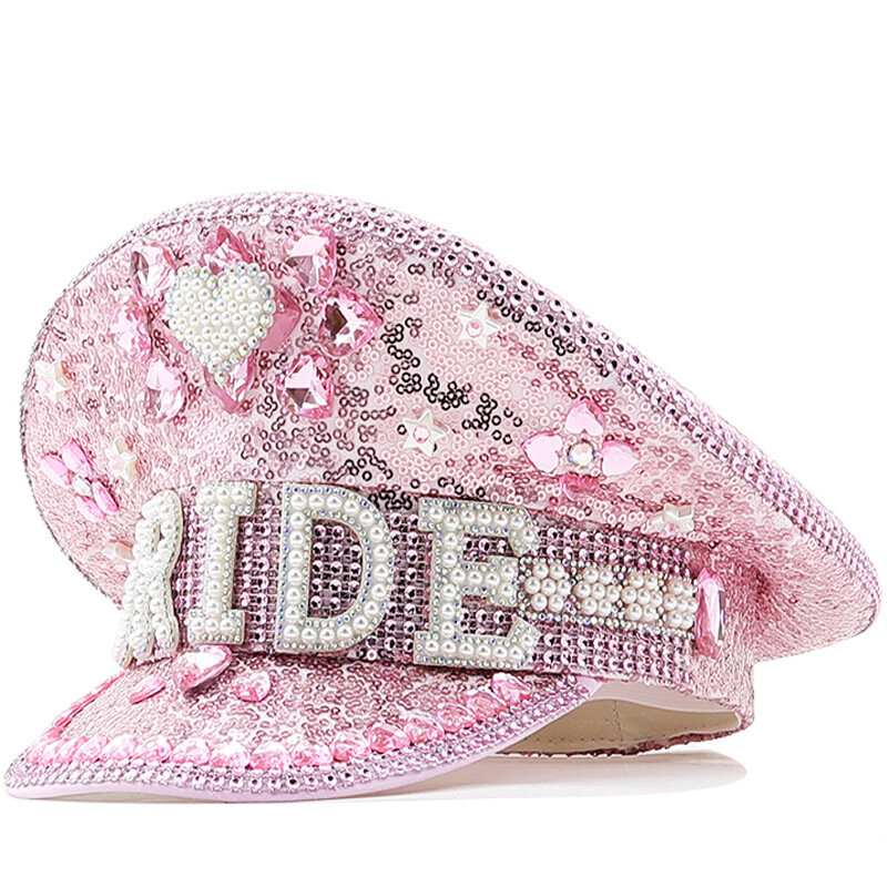 Różowy stras cekinowe urodziny ślubne czapka z płaskim daszkiem damy występ na imprezie wysadzane diamentami granatowy kapelusz z imitacji perły
