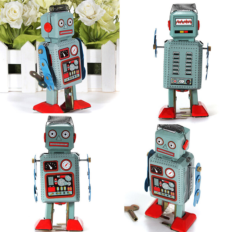 Vintage robô mecânico lata brinquedos para meninos, Clockwork, andando Wind Up, Radar