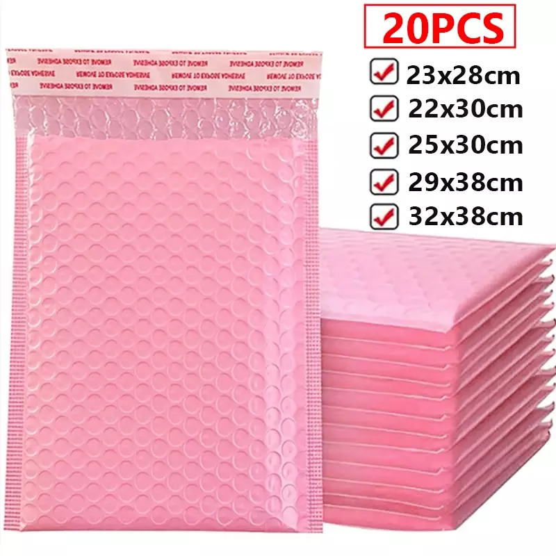 Pink Bubble Padding Envelopes Sacos, transporte poli, auto selo, embalagem de presente, Mailing Bags, 20pcs