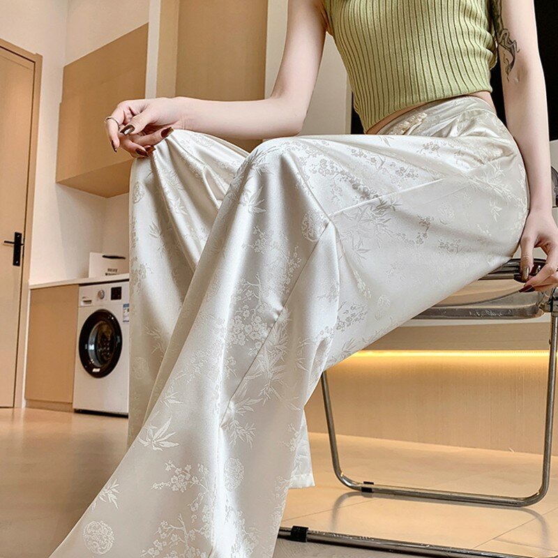 High Waist Casual Pants Women New Arrival 2024 Spring Korean Style Vintage Print Basics OL Lady Elegant Wide Leg Pants W1735