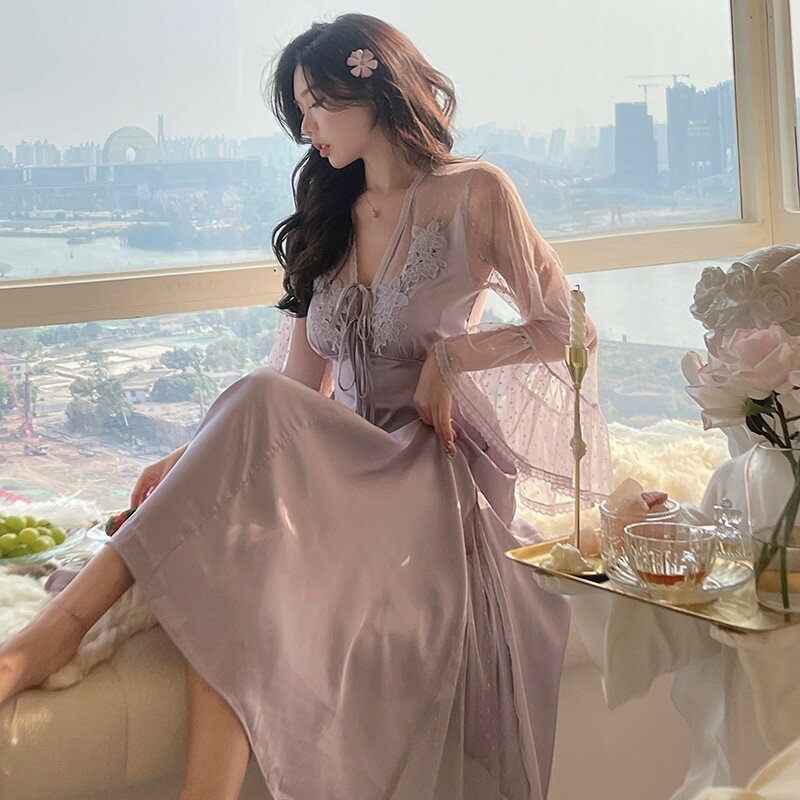 Sexy Mesh Lace Nightdress French Princess Bathrobe Elegant Sleepwear Long Silk Satin Nightgowns Summer New Lingerie Sleepshirt