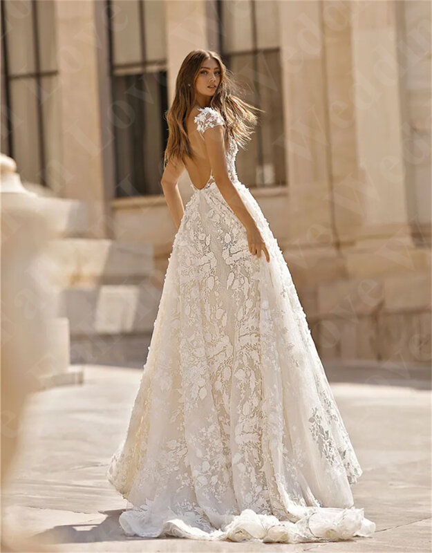 2024 seksowna suknia ślubna z głębokim dekoltem w serek tiulowa koronka z nadrukiem 3D krótka czapka rękawy wiejska Boho ślubne suknia plażowa długa sukienka na przyjęcie