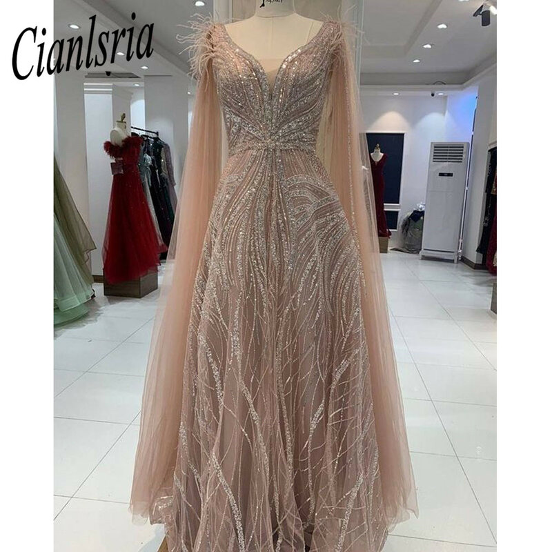 Champanhe árabe sereia elegante cabo mangas sexy vestidos de noite 2023 luxo frisado para festa feminina