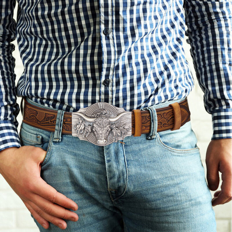 BISON DENIM Western Belt for Women Men Cowboys Cowgirls Carving Leather Belts with Bullhead Buckles for Jeans Pants