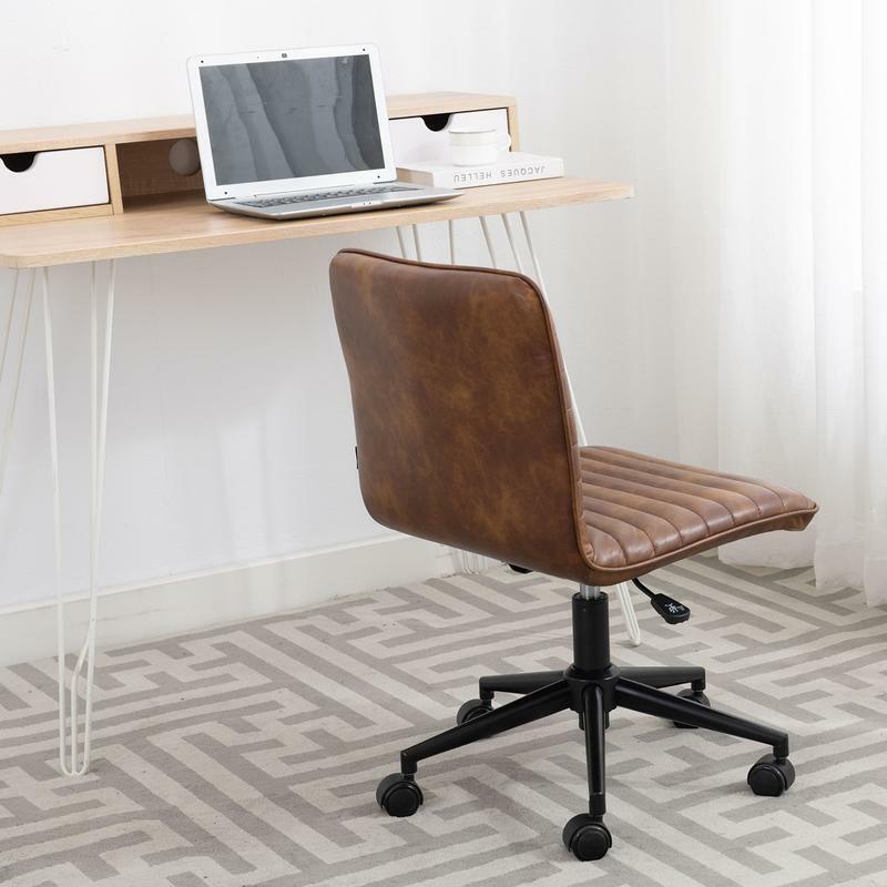 Skórzane obrotowe krzesło biurowe bez ramienia z kółkami, tapicerowane krzesło do biura domowego regulowane krzesło z tyłu do sypialni w akademiku