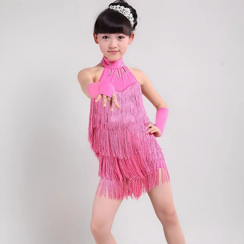 Trajes de salsa latina infantil com borla, roupas de dança feminina, dança do ventre, saia tango, carnaval, dancewear, vestido de dança
