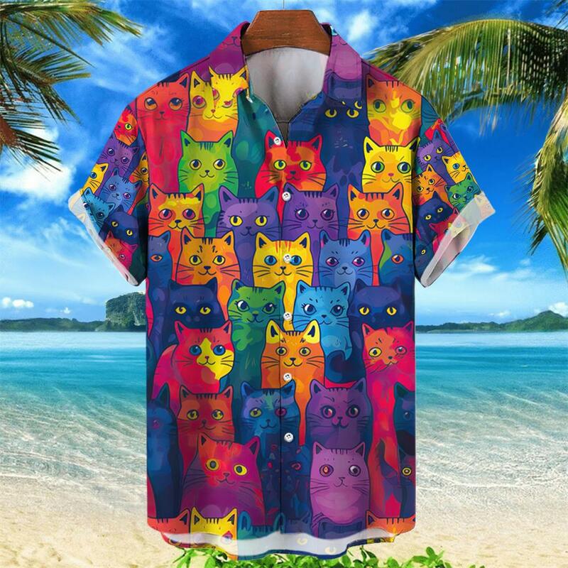 قميص هاواي للرجال بطباعة ثلاثية الأبعاد ، قطة ملونة ، زر ، أكمام قصيرة ، طية صدر السترة ، ملابس الشارع ، بلوزة ، أزياء الصيف
