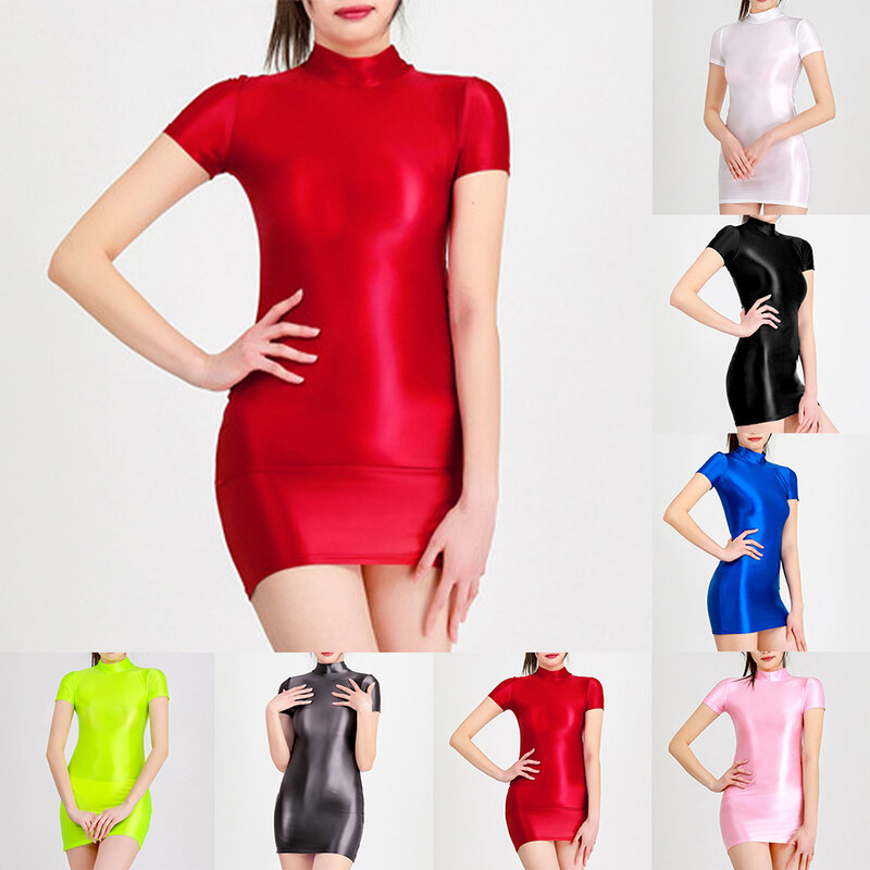 Gaun pesta Bodycon wanita rok elegan nyaman ramping dapat bernafas elastis tampilan basah menawan gaun Mini mengilap