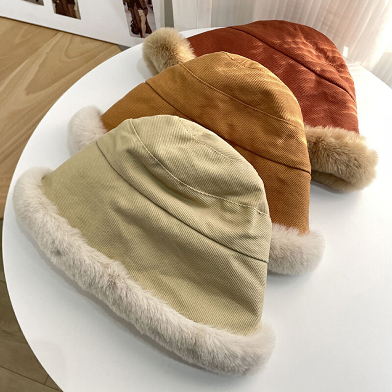 Nowy miękki, zagęszczony pluszowy Trend w modzie zimowej kapelusz typu Bucket damskie wiatroszczelne czapki Panama modne ciepłe kapelusz rybaka na zewnątrz