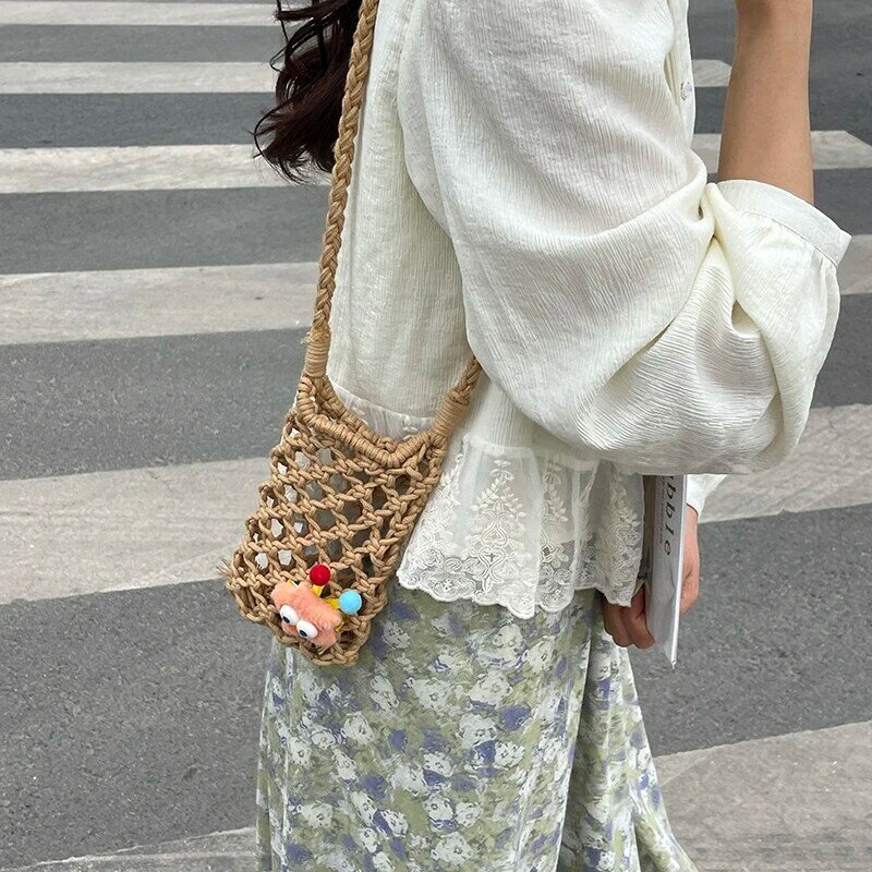 Vintage Straw Woven Crossbody Phone Bags Cute Women Casual Travel Bohemian Small Solid Purse Girls Mini Mobile Phone Coin Pouch