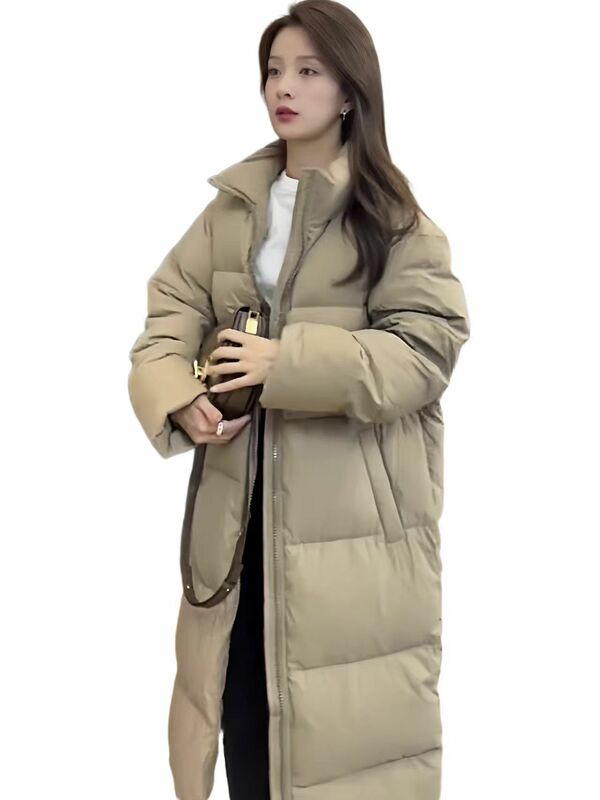 Piumino lungo con colletto in piedi, giacca alla moda in stile coreano, piumino d'anatra bianco alla moda di fascia alta, inverno donna