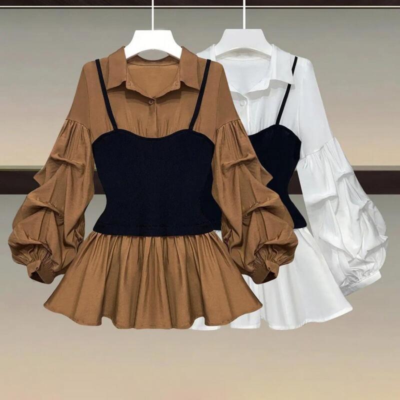 Women Shirt Stylish Color Block Pleated Shirt with Bubble Sleeves A-line Silhouette for Women's Fall Winter Wardrobe Breathable