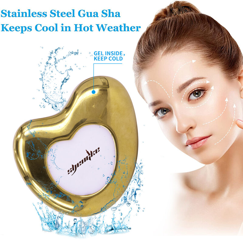 Aço inoxidável Gua Sha Tool for Face, Raspador de massagem para cuidados com a pele facial, Brilho metálico, Melhorar