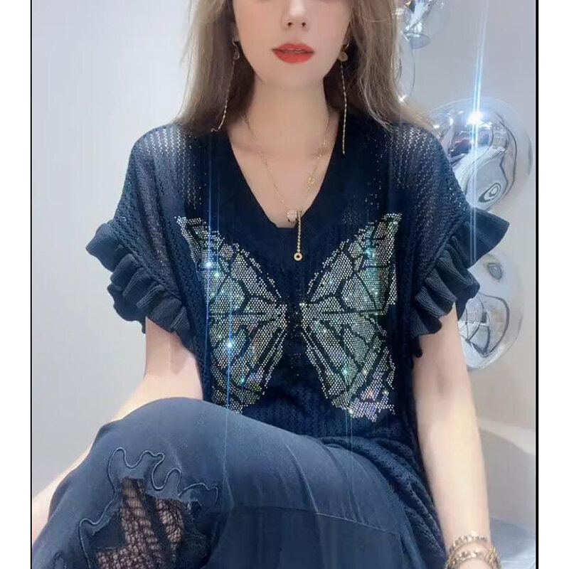 Camiseta de malha feminina com diamantes, manga borboleta, tops coreanos soltos, camiseta casual, roupa de verão, nova moda, 2024