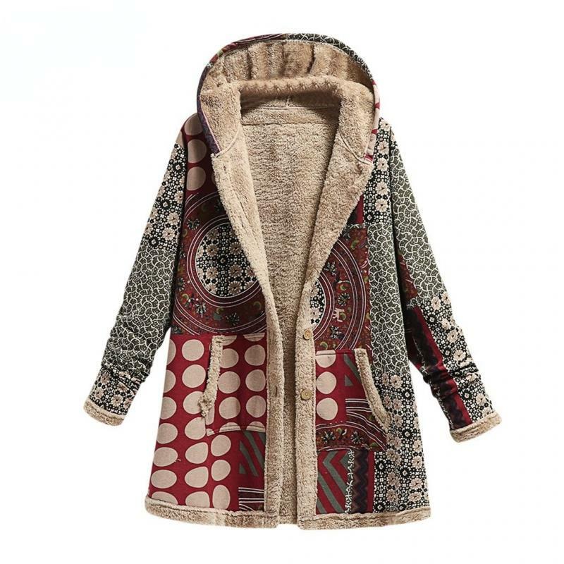 Chaqueta larga con capucha para mujer, abrigo cálido con estampado de lana gruesa con bolsillo, ropa de abrigo suelta para mujer, Invierno