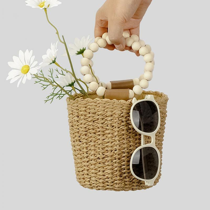Bolso de mano tejido de paja para mujer, bolsa de playa con cuentas de madera, a la moda, para vacaciones, 2024