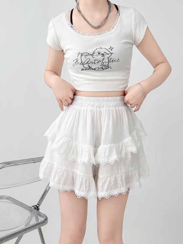 White Mini Skirt Women Summer High Waist Patchwork Lace Irregular Korean Sweet A-line Skirt Cute Girl Preppy Style