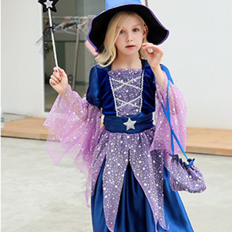 Roxo halloween bruxa princesa vestido menina crianças cosplay trajes de máscaras para carnaval festa de aniversário desempenho roupas